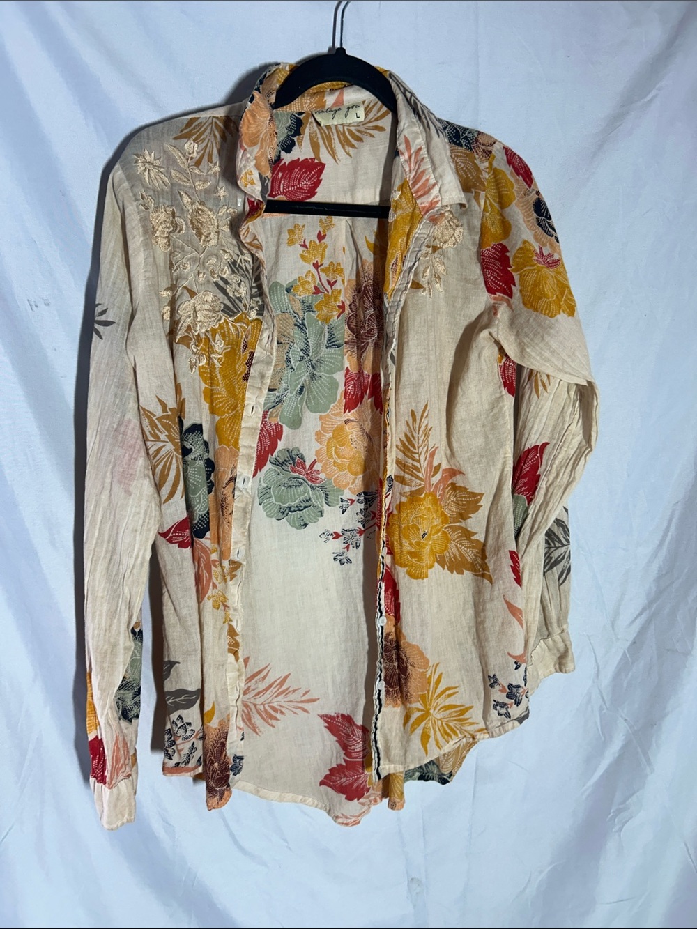 Vintage Floral Button-Up Shirt in Cream, Mustard & Rust - Picture 3 of 5